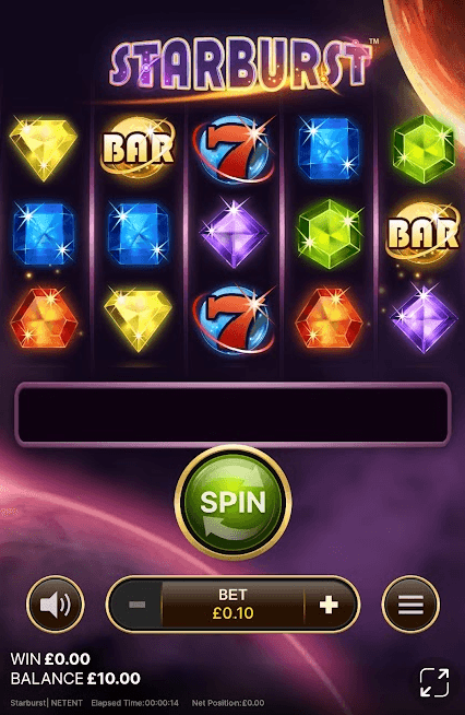 Starburst on a phone: the reels, the Spin button, the Bet control set to £0.10, and the menu button