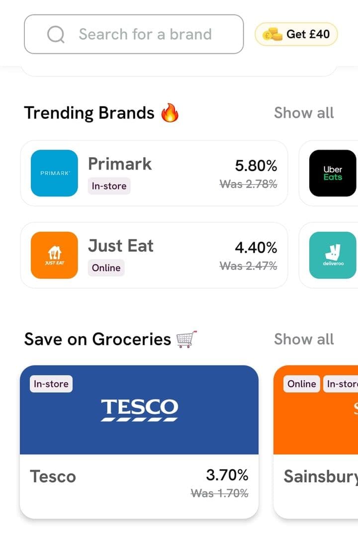 Tuck's app home screen, with cashback rates for Primark, Just Eat and Tesco